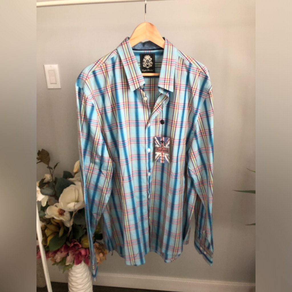 English Laundry Blue Plaid Button-Down Shirt With Red Accent